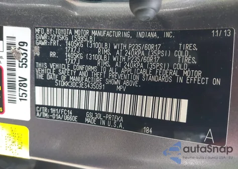 2014 Toyota Sienna Le V6 8 Passenger из США, поврежденный, VIN 5TDKK3DC3ES435091